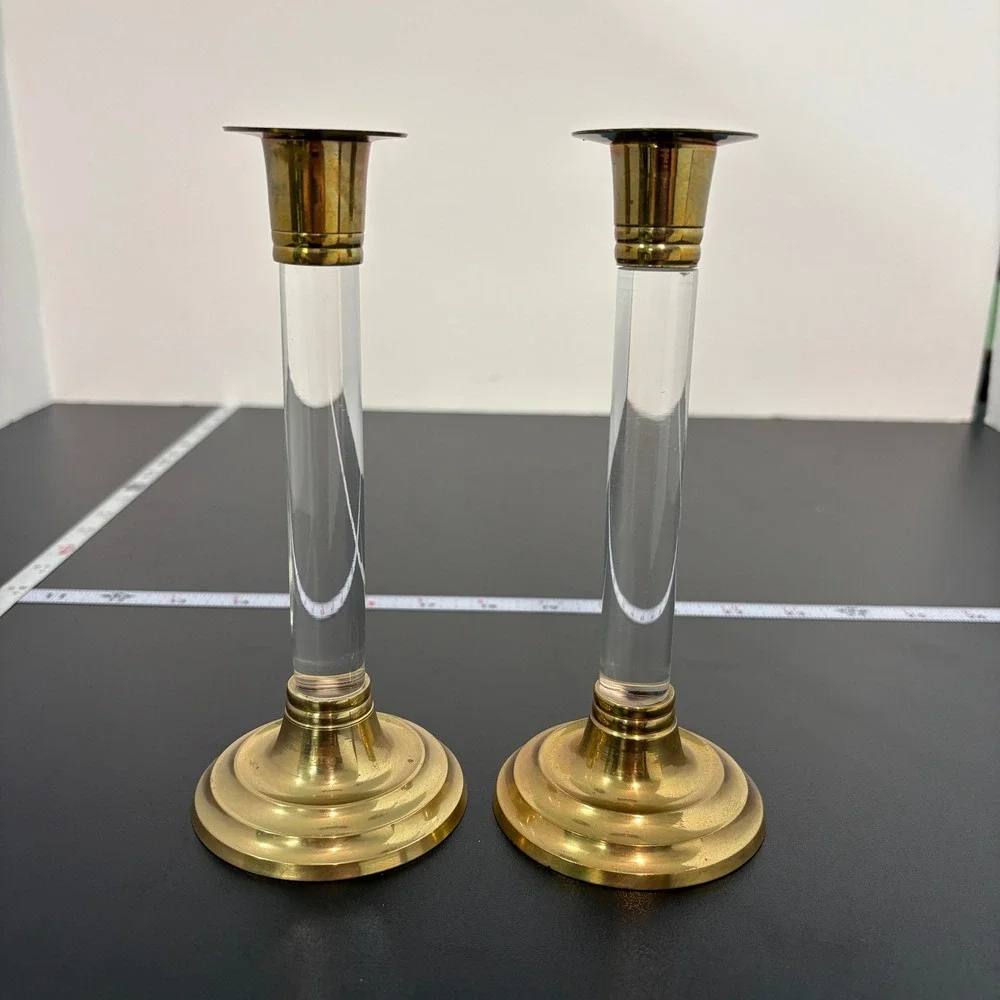 Vintage Solid Brass Lucite Candlestick Holders 7.25in Gold Handmade India Taper